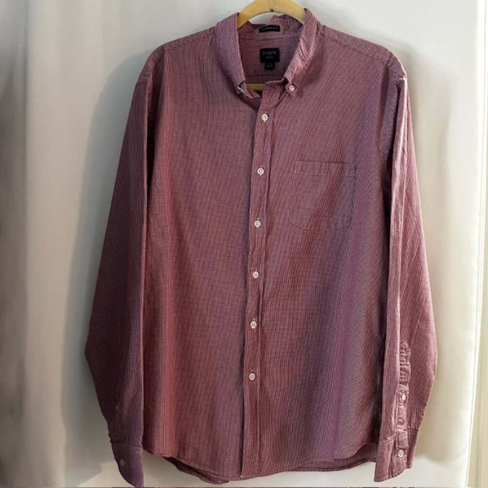 J Crew Flex Men's Button Down Red White Gingham Classic Fit Shirt Size X-Large